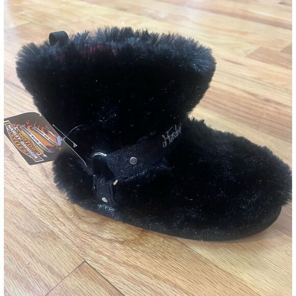 Harley Davidson Toddler Faux Fur Biker Boot Slippers Sz 10-11 Black Branded W Ha - Picture 5 of 12